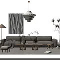 Modern Beige Sofa Coffee Table Set With Accent Chairs Floor Lamp Wall Art And Plants