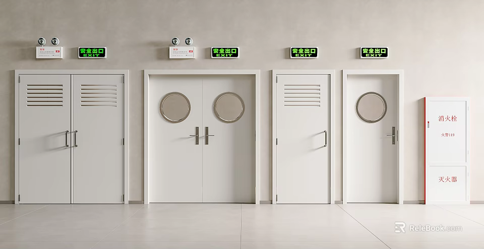 Safety Exit Doors With Round Windows And Green Signs On White Wall 3d model 