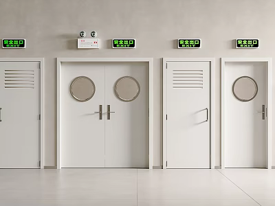 Safety Exit Doors With Round Windows And Green Signs On White Wall 3d model