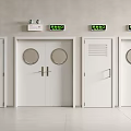 Safety Exit Doors With Round Windows And Green Signs On White Wall