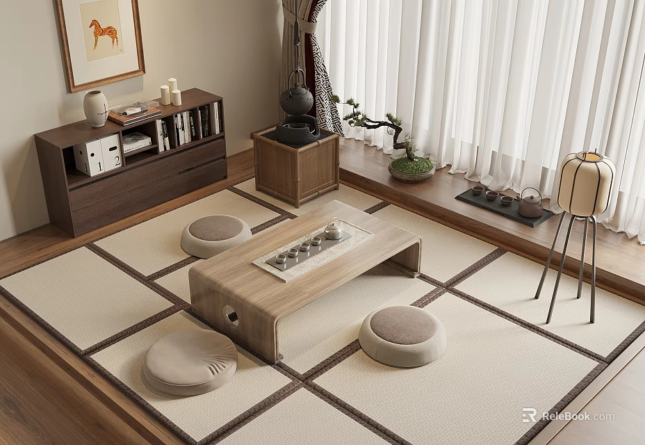 Traditional Tea Room Interior With Wooden Tea Table Round Cushions And Low Cabinet 3d model 