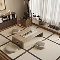 Traditional Tea Room Interior With Wooden Tea Table Round Cushions And Low Cabinet
