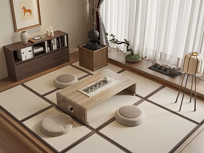 Traditional Tea Room Interior With Wooden Tea Table Round Cushions And Low Cabinet 3d model