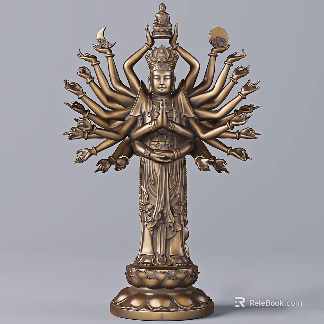 Intricate Traditional Multi Armed Bodhisattva Bronze Sculpture Carving With Lotus Base 3d model 