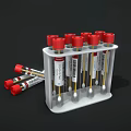 Medical Device Test Tubes With Red Caps In White Test Tube Rack And Swabs