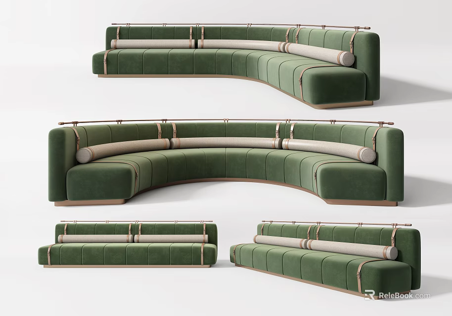 Modern Green Curved Sectional Sofa With Plush Cushions And Light Wood Base 3d model 