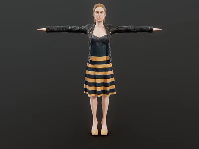 Woman Wearing Black Leather Jacket Striped Yellow Black Dress Yellow High Heels with Arms Outstretched 3d model
