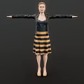 Woman Wearing Black Leather Jacket Striped Yellow Black Dress Yellow High Heels with Arms Outstretched