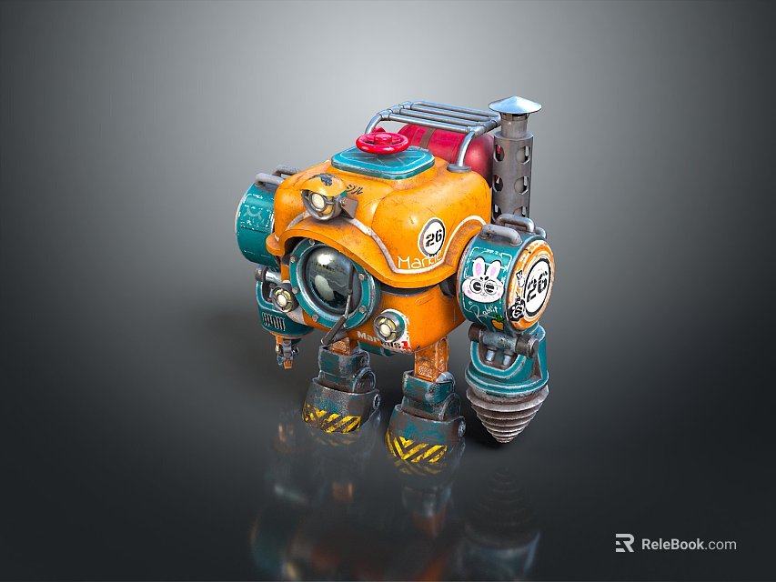 Orange Blue Game and Movie Robot Character With Mechanical Body Round Eyes 3d model 