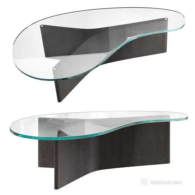 Modern Coffee Table With Curved Glass Top And Wooden Base Design 3d model 