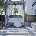 Modern Courtyard Garden With Green Wall and Metal Gate Colorful Flowers And Stone Pathway