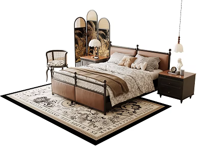Elegant Wooden Double Bed With Nightstands Table Lamps Area Rug And Accent Chair 3d model