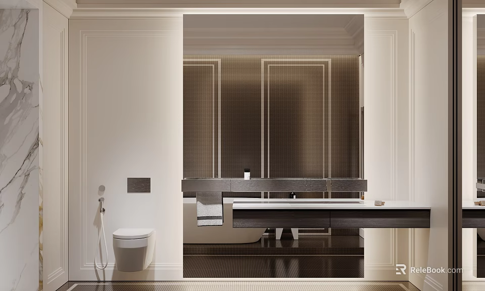 Modern Elegant Bathroom Interior With Toilet Vanity And Bathtub 3d model 