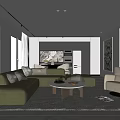 Modern Dining and Living Room Interior with Sofa Coffee Table and Kitchen Cabinets