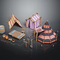 Medieval Style Colorful Striped Tents with Wooden Barrel Table Tools and Clay Pots