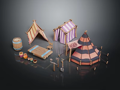 Medieval Style Colorful Striped Tents with Wooden Barrel Table Tools and Clay Pots 3d model