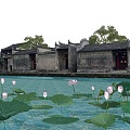 Chinese-style ancient building water town ancient town Huizhou folk house lotus pond 3d model