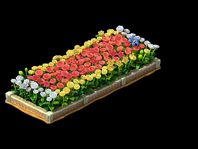 Rectangular Flower Bed With Colorful Various Colored Flowers On Black Background 3d model