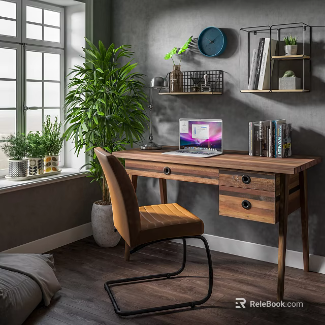 Wooden Desk With Laptop Green Plants Books And Leather Chair By Window 3d model 