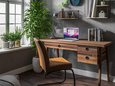 Wooden Desk With Laptop Green Plants Books And Leather Chair By Window 3d model