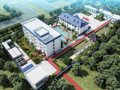 Aerial Planning of Campus With Blue Roof Buildings Green Lawns And Red Paths 3d model