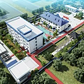 Aerial Planning of Campus With Blue Roof Buildings Green Lawns And Red Paths