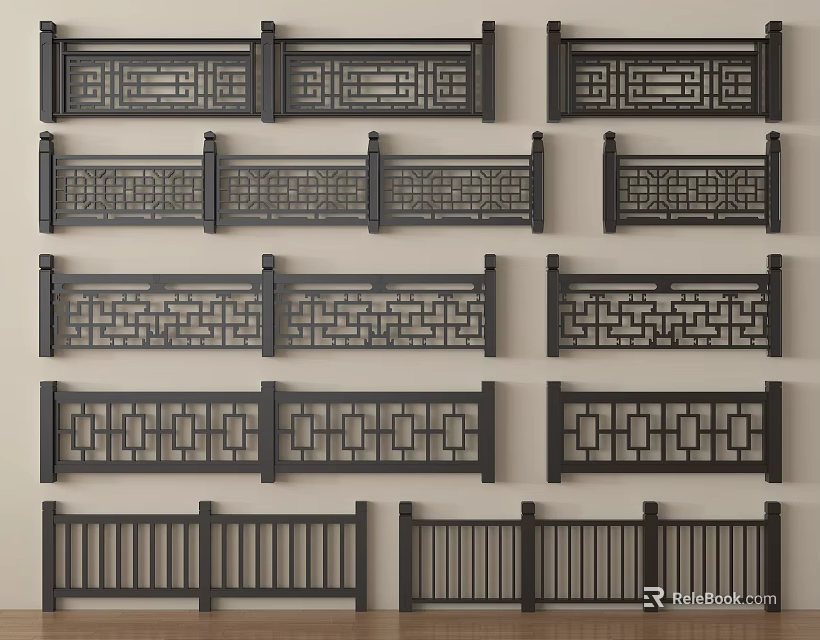 Various Wooden Railing Designs With Intricate Geometric Patterns For Interior Decor 3d model