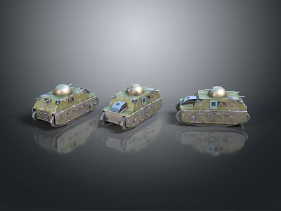 Three Green Miniature Tank Models With Domed Turrets On Gray Reflective Background 3d model