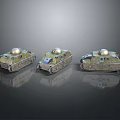 Three Green Miniature Tank Models With Domed Turrets On Gray Reflective Background