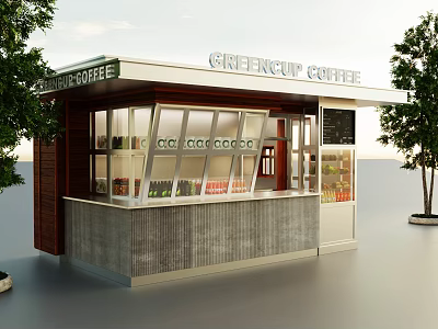 Greencup Coffee Kiosk With Transparent Windows Wooden And Concrete Exterior And Trees 3d model