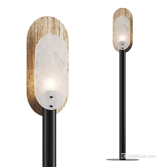 Modern Floor Lamp With Wooden Base Marble Shade And Black Pole For Living Room 3d model 