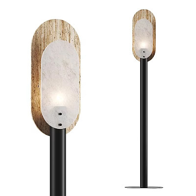 Modern Floor Lamp With Wooden Base Marble Shade And Black Pole For Living Room 3d model
