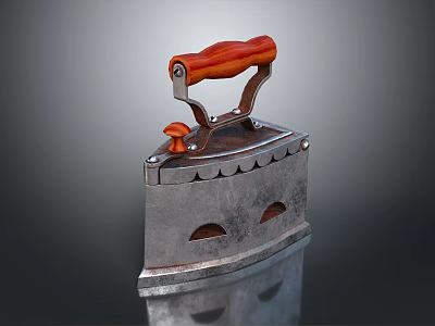 Vintage Household Clothing Iron With Red Wooden Handle And Metal Base Classic Design 3d model