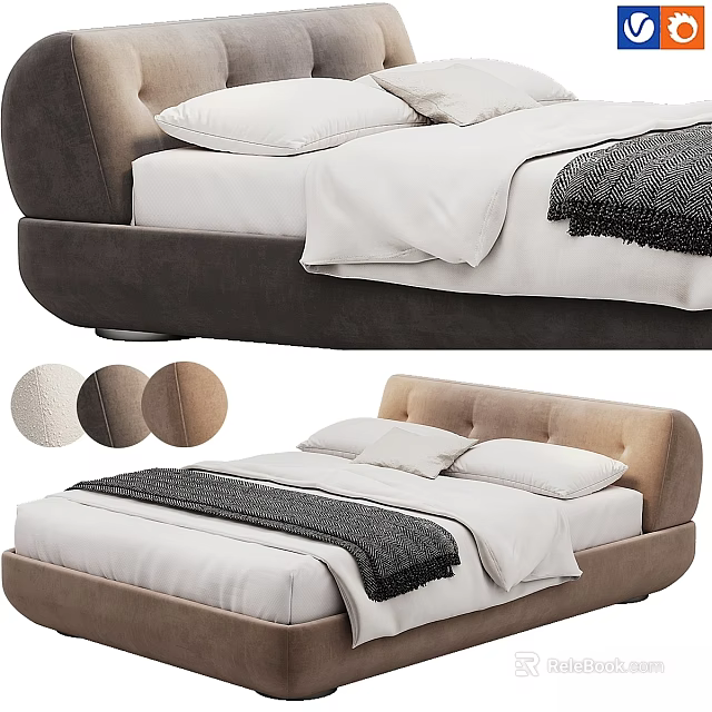 Modern Upholstered Double Bed With Soft Headboard White Sheets And Color Options 3d model 