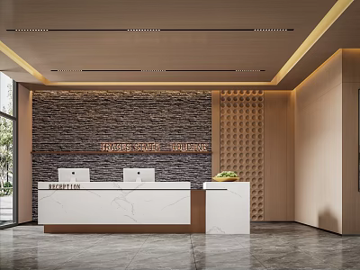 Modern Front Desk Reception Area With Stone Accent Wall Computer Monitors And Lattice Decor 3d model