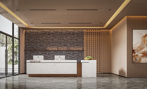 Modern company front desk reception area office area front desk background wall painting 3d model