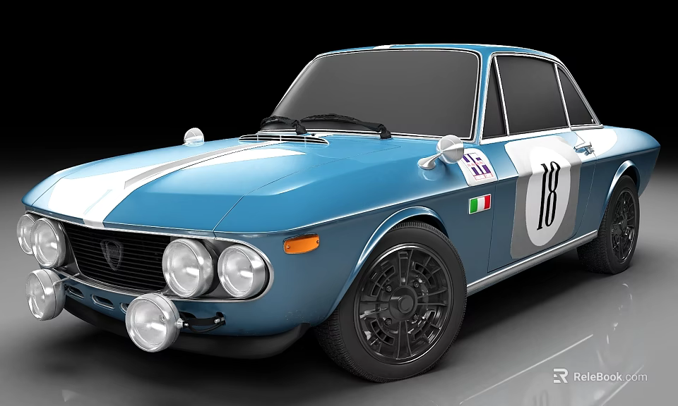 Blue Vintage Sports Car With White Stripe Italian Flag And Round Headlights 3d model 