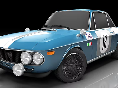 Blue Vintage Sports Car With White Stripe Italian Flag And Round Headlights 3d model