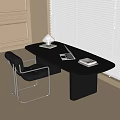 Modern Black Desk Interior With Leather Chair Laptop Books White Lamp And Window Blinds