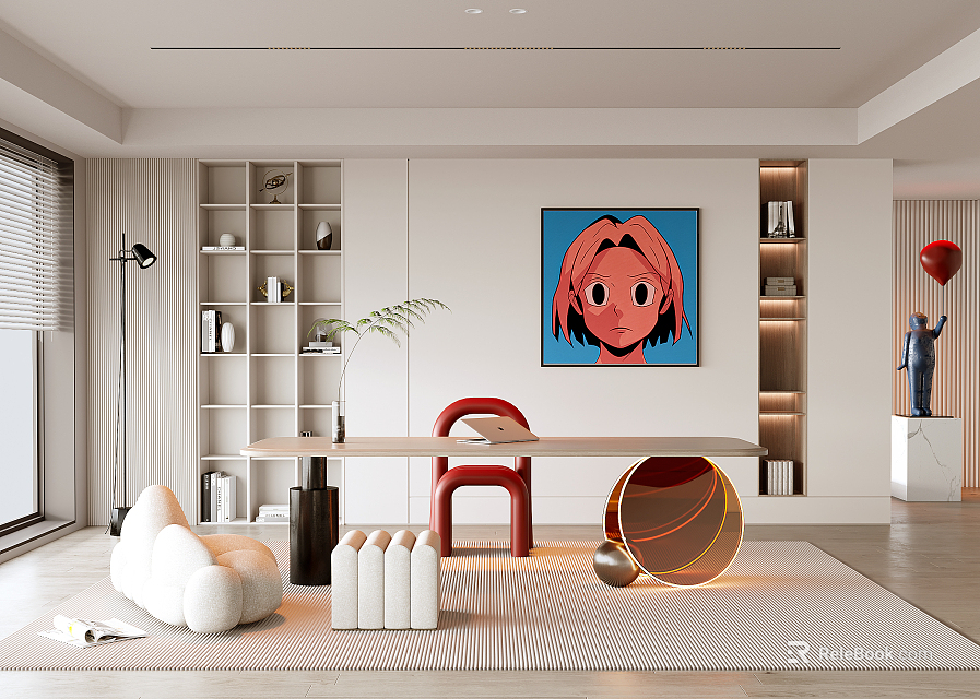 Modern Study Room Interior With Built In Shelves Desk Red Chair And Artwork 3d model 