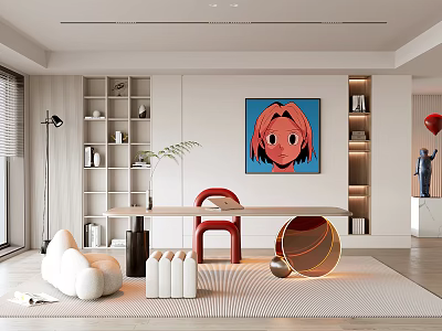 Modern Study Room Interior With Built In Shelves Desk Red Chair And Artwork 3d model