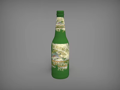 Green Tropical Cerveza Beer Bottle And Glass With Exotic Label Design Elements 3d model