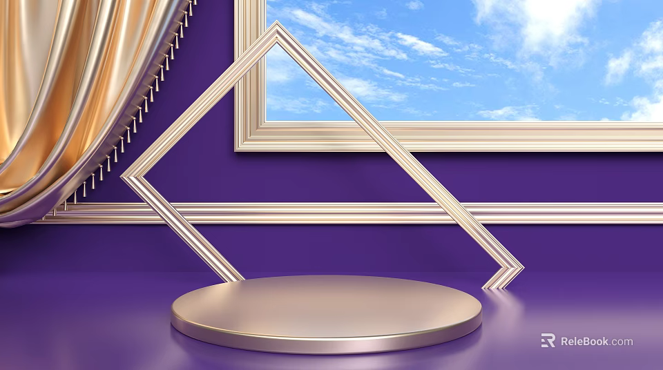 Modern Metal Display Stand With Purple Background Golden Curtain And Blue Sky Window 3d model 