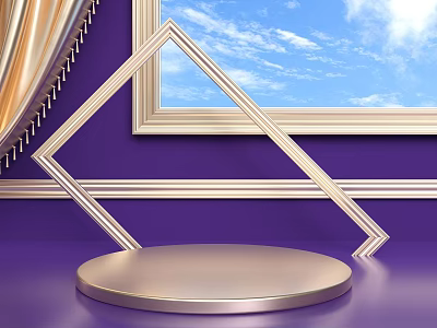 Modern Metal Display Stand With Purple Background Golden Curtain And Blue Sky Window 3d model
