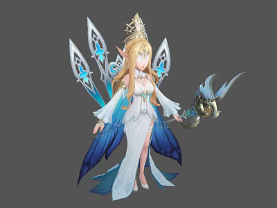Elven Queen In White Blue Gown With Golden Crown And Dragon Staff With Winged Decoration 3d model