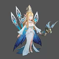 Elven Queen In White Blue Gown With Golden Crown And Dragon Staff With Winged Decoration