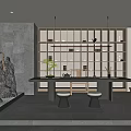 Tea Room Interior Design With Stone Rockery Green Plants Wooden Shelves Long Table And Stools