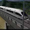 Cartoon Scene of High Viaduct Railway Tracks Green Hills and Pink Flowers Under Blue Sky