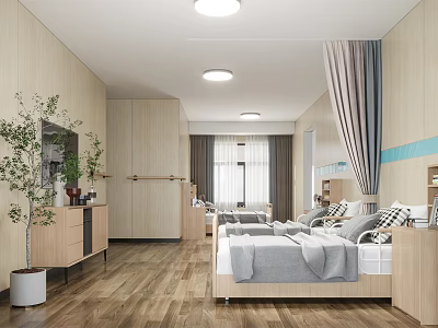 Modern Hospital Outpatient Ward Interior With Comfortable Beds Cabinets And Green Plants 3d model