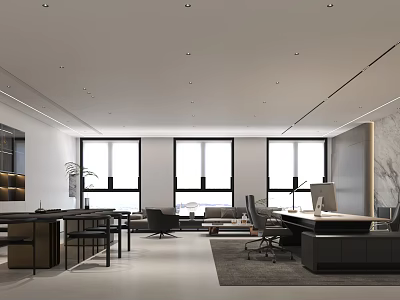 Modern Office Interior With Open Layout Large Windows Desk Sofa And Chairs 3d model